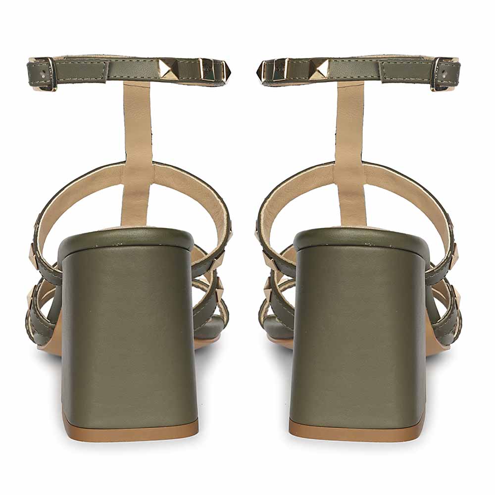 Saint Angela Gold Studs Olive Leather Block Heels