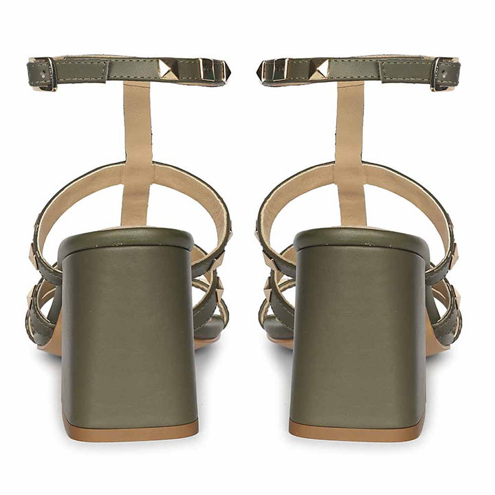 Saint Angela Gold Studs Olive Leather Block Heels