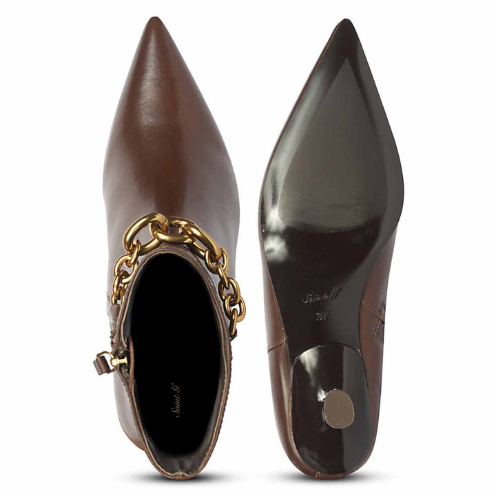 Saint Peony Chain Embellished Brown Leather Ankle boots