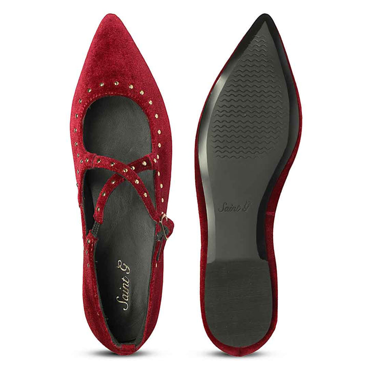 Saint Nivea Golden Studs Bordo Velvet Ballet Flats