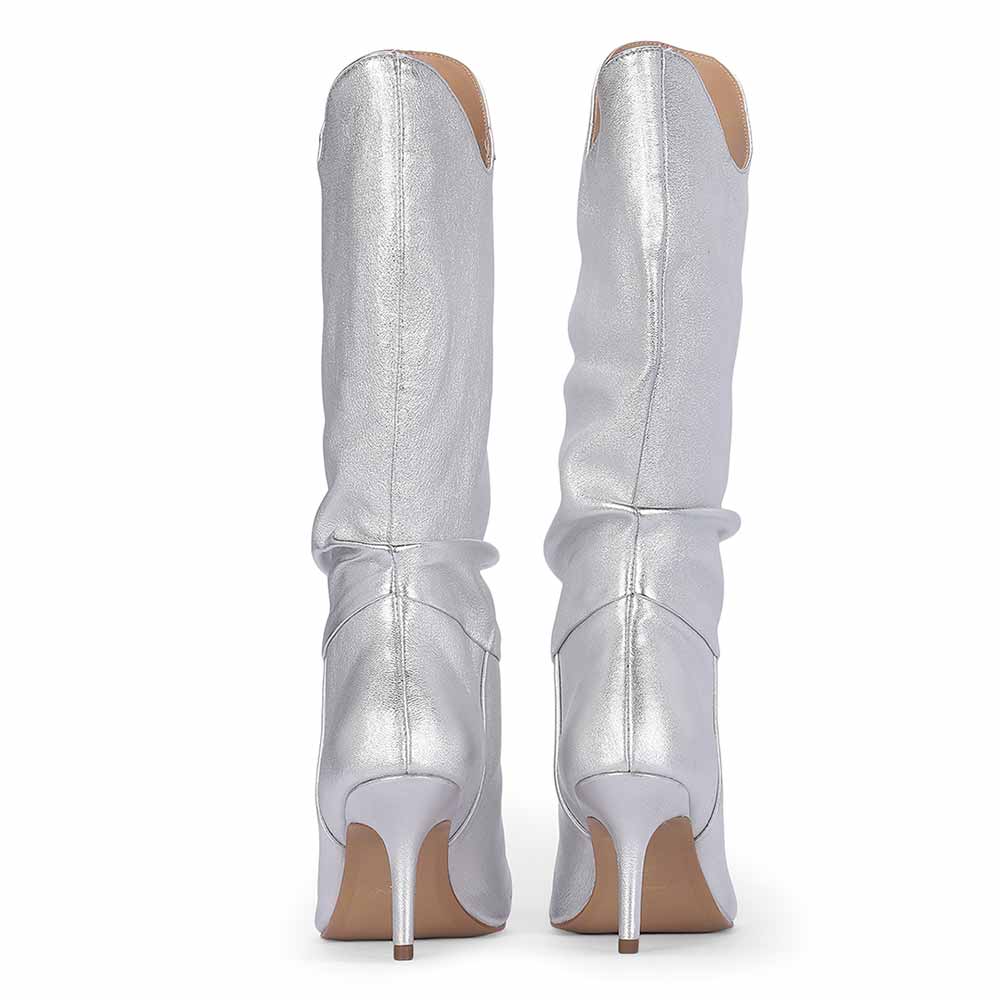 Saint Nayeli Silver Metallic Leather Calf Length Slouch Boots