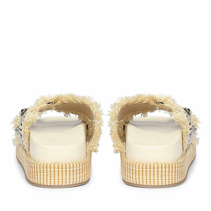 Saint Lenora Raffia Fringe Beige Leather Platform Sandals