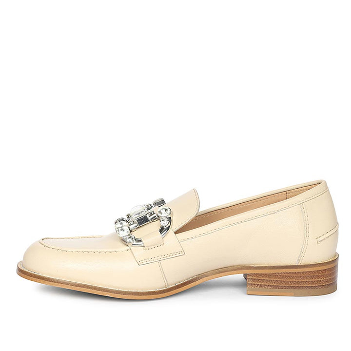 Saint Livia Crystal Buckle Beige Leather Moccasins