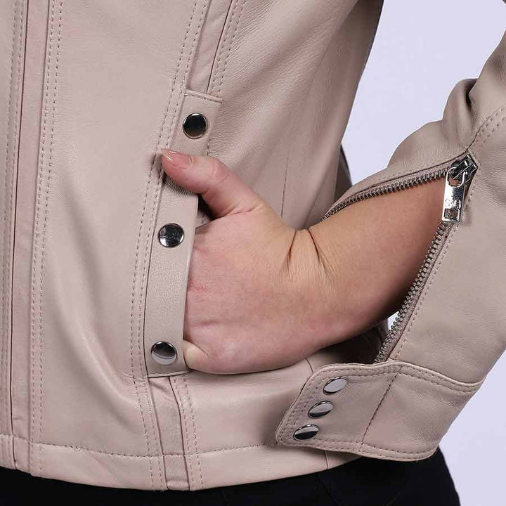 Beige classic cafe racer leather jacket women
