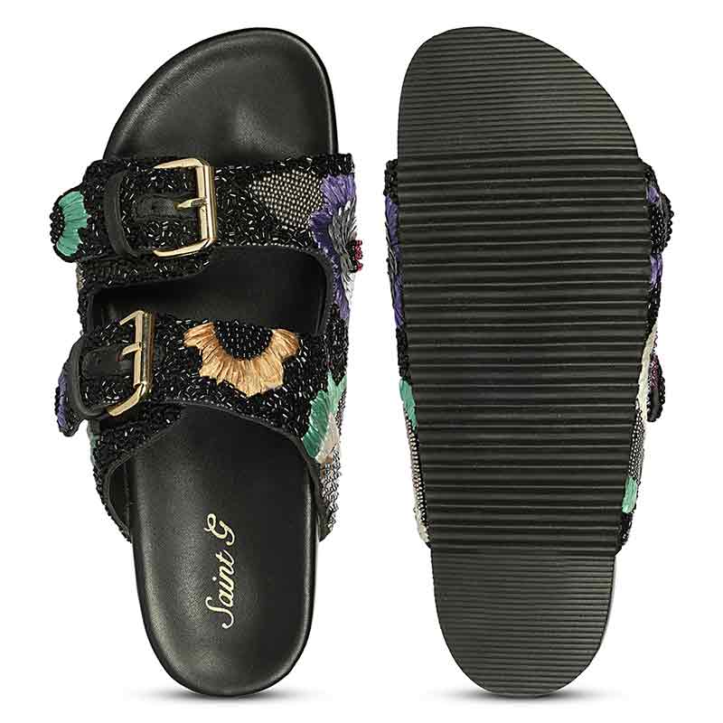 Saint Clio Hand Embroidered Black Leather Footbed Sandals