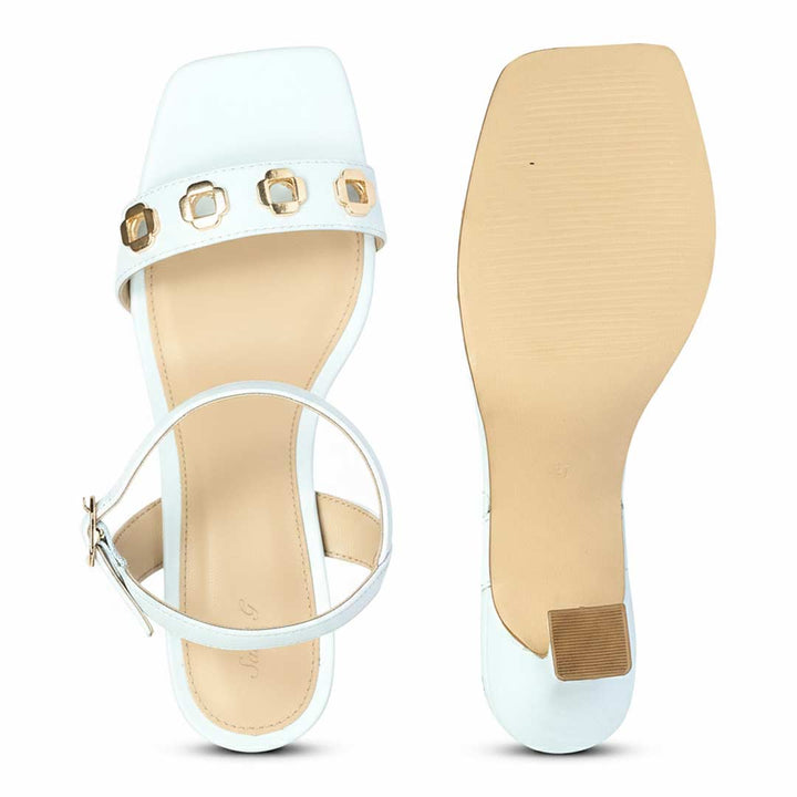 Saint Dahlia Gold Flower Eyelets Sky Leather Heels