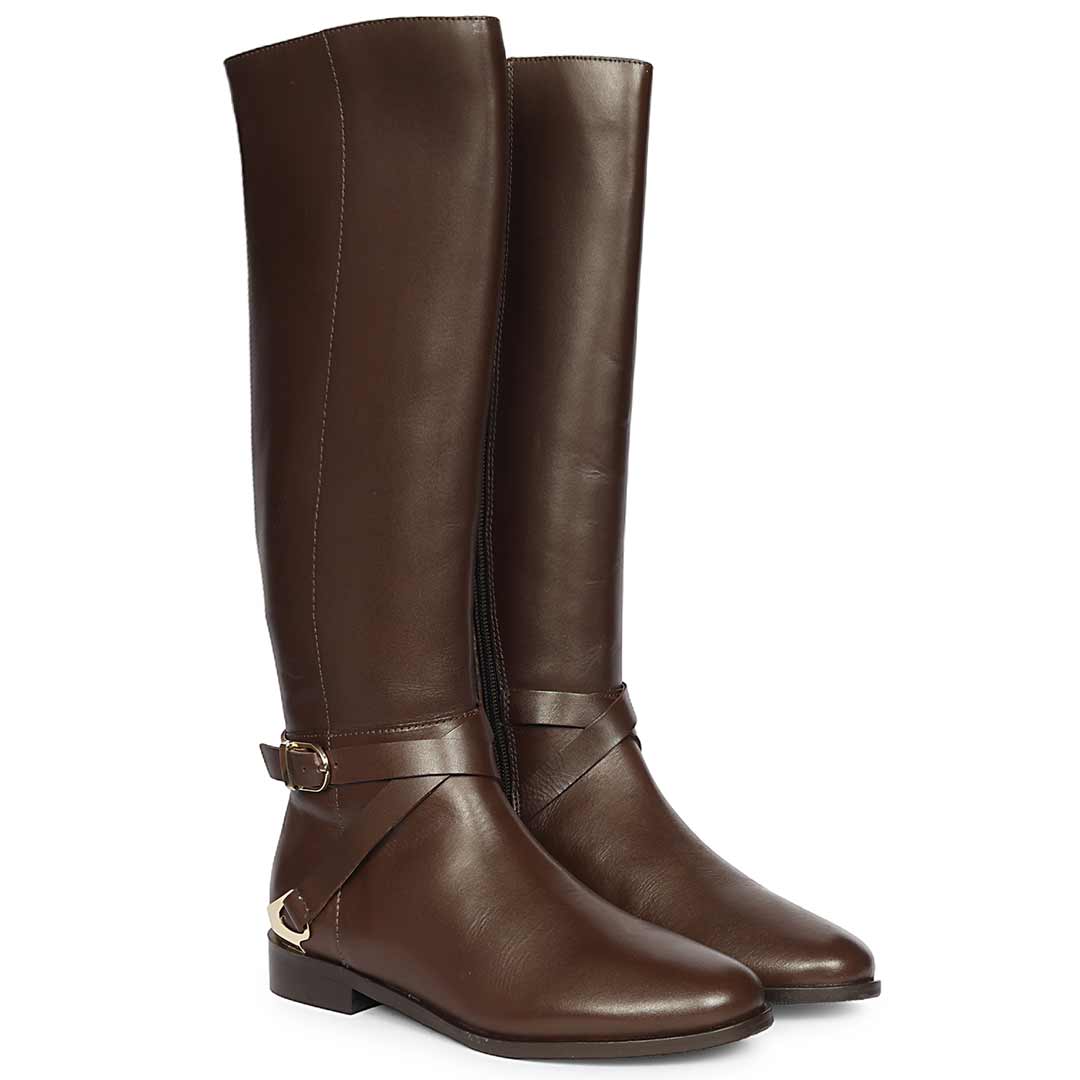 Saint Damaris Brown Leather Buckle Decor Knee High Boots