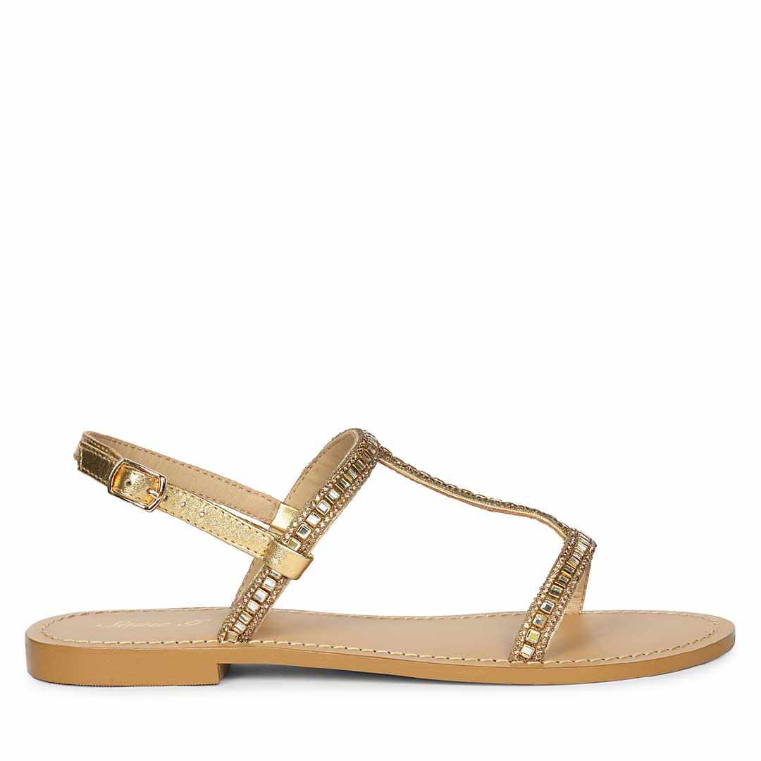 Saint Raelin Metallic Gold Leather Embellished Sandals