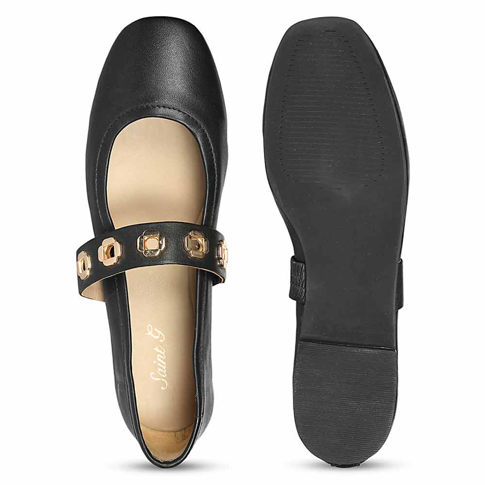 Saint Olwen Flower Eyelets Black Leather Ballet Flats