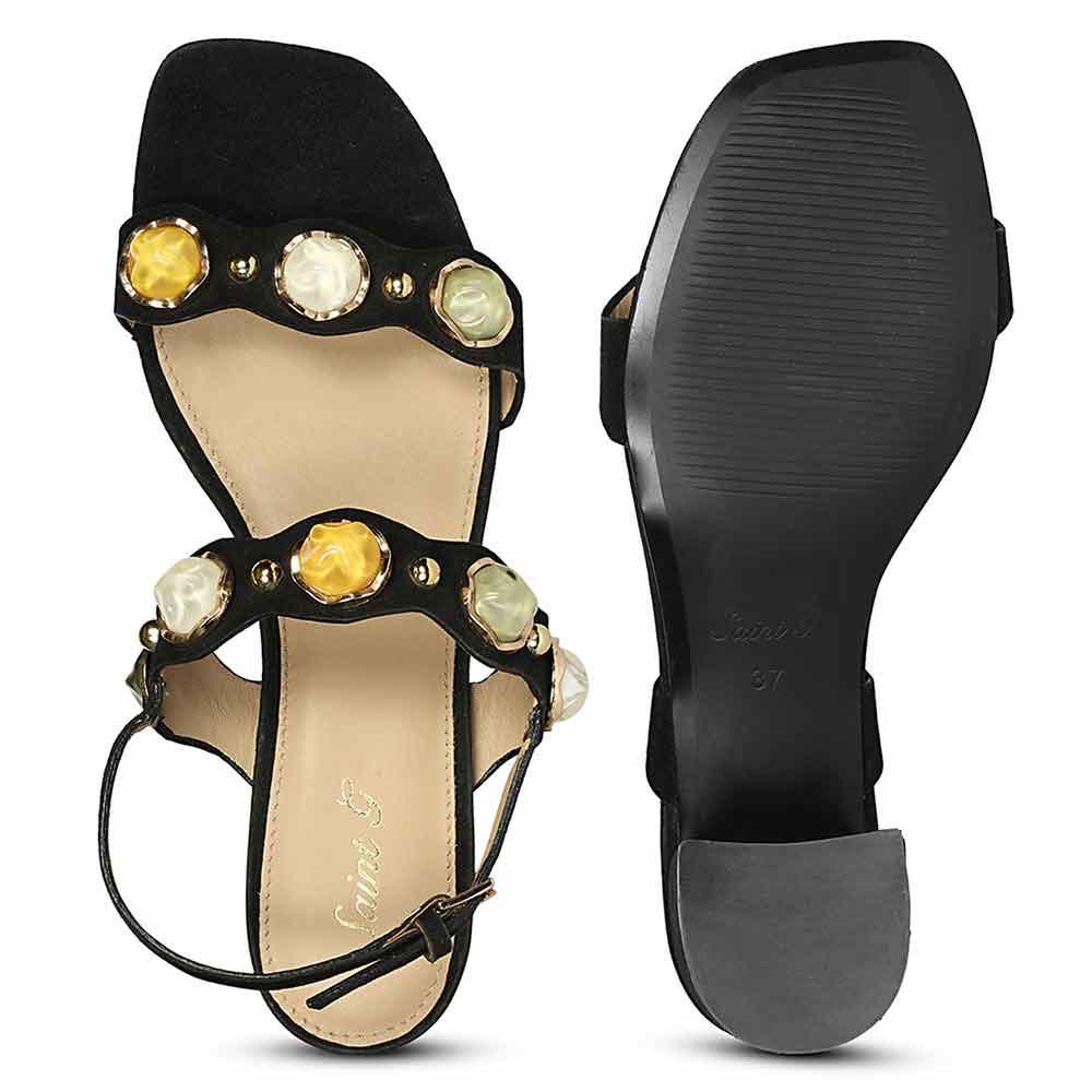 Saint Solira Multi-Stone Black Suede Leather Block Heels
