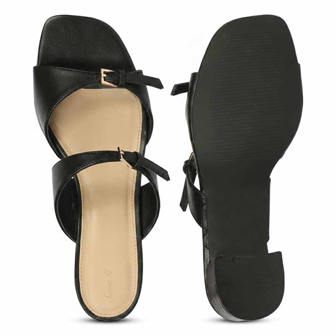 Saint Ellery Buckle Black Leather Block Heel Sandals