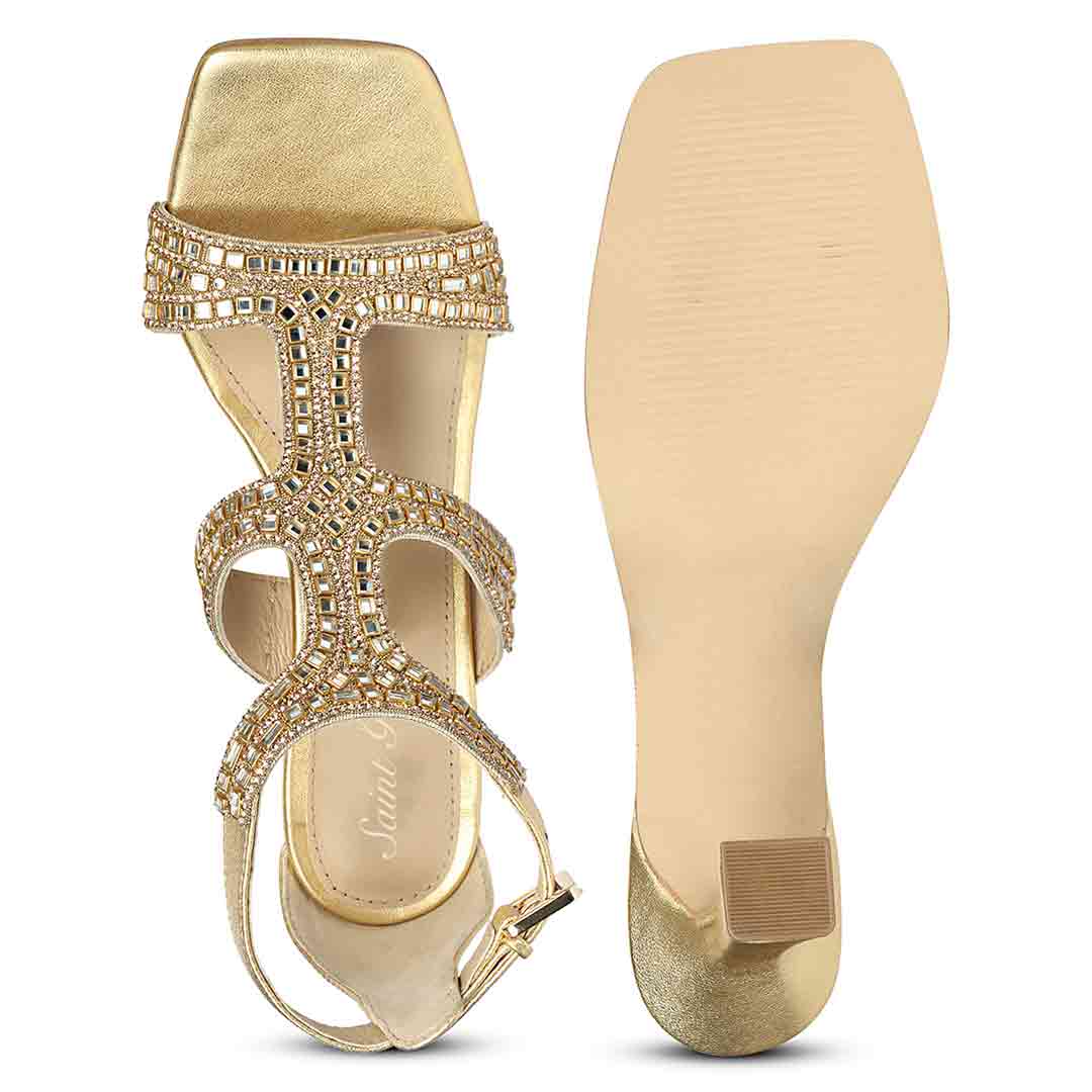 Saint Eloria Crystal Gold Leather Flared Stiletto Heels
