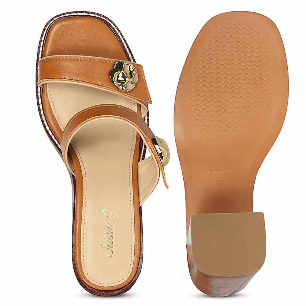 Saint Brisa Gold Emblems Tan Leather Heels