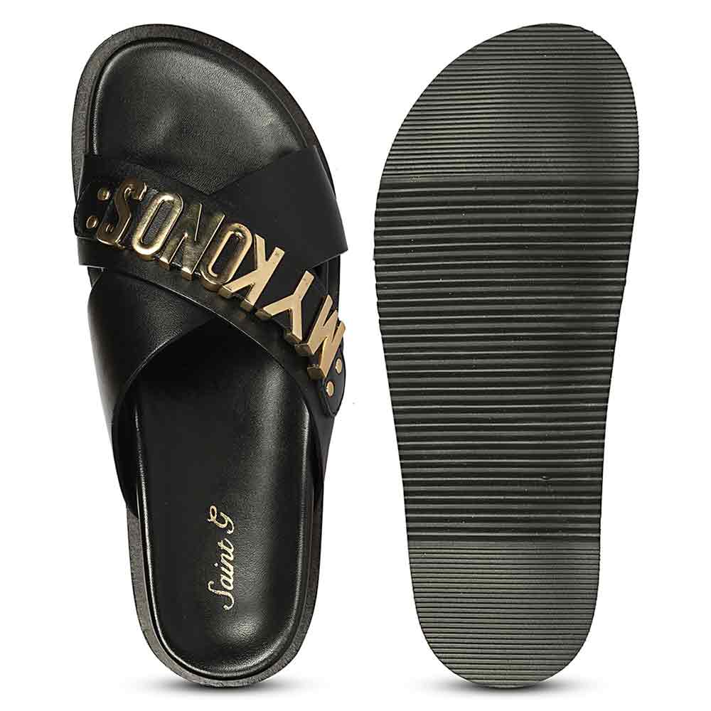 Saint Yorien Black Leather Footbed Sandals