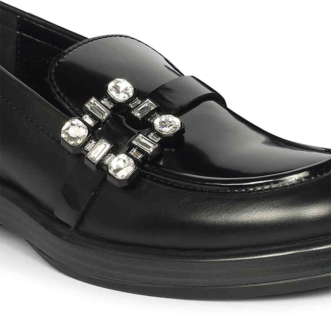 Saint Rue Crystal Buckle Black Abrasivato Leather Moccasins