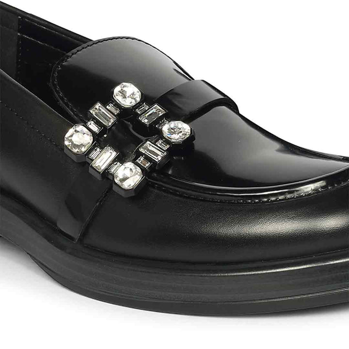Saint Rue Crystal Buckle Black Abrasivato Leather Moccasins