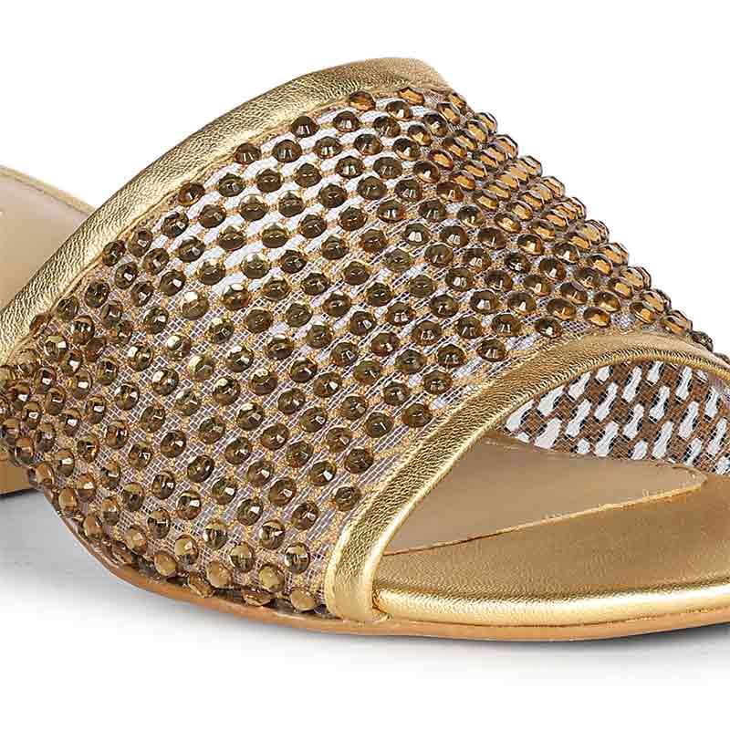 Saint Valisa Crystal Gold Leather Block Heels