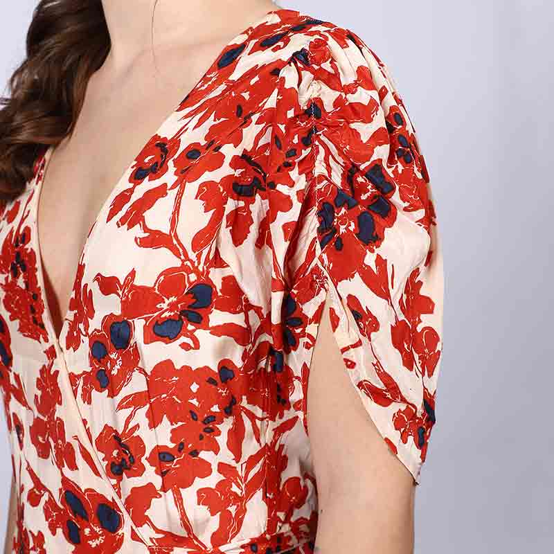 Saint Giselle Ivory Red Deep V-Neck Viscose Dress
