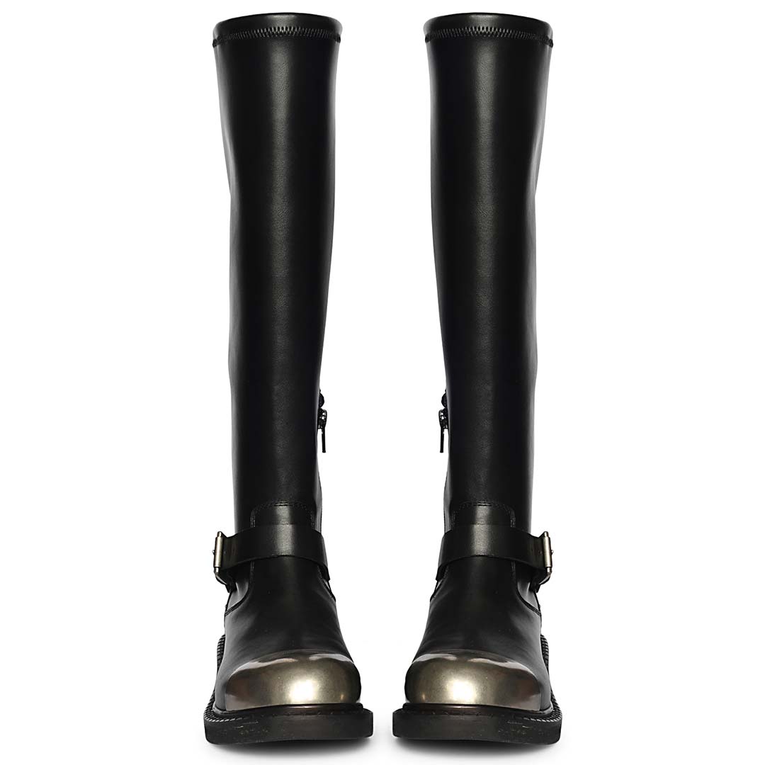 Saint Ember Metal Toe Buckle Strap Black Stretch Napa Long Boots
