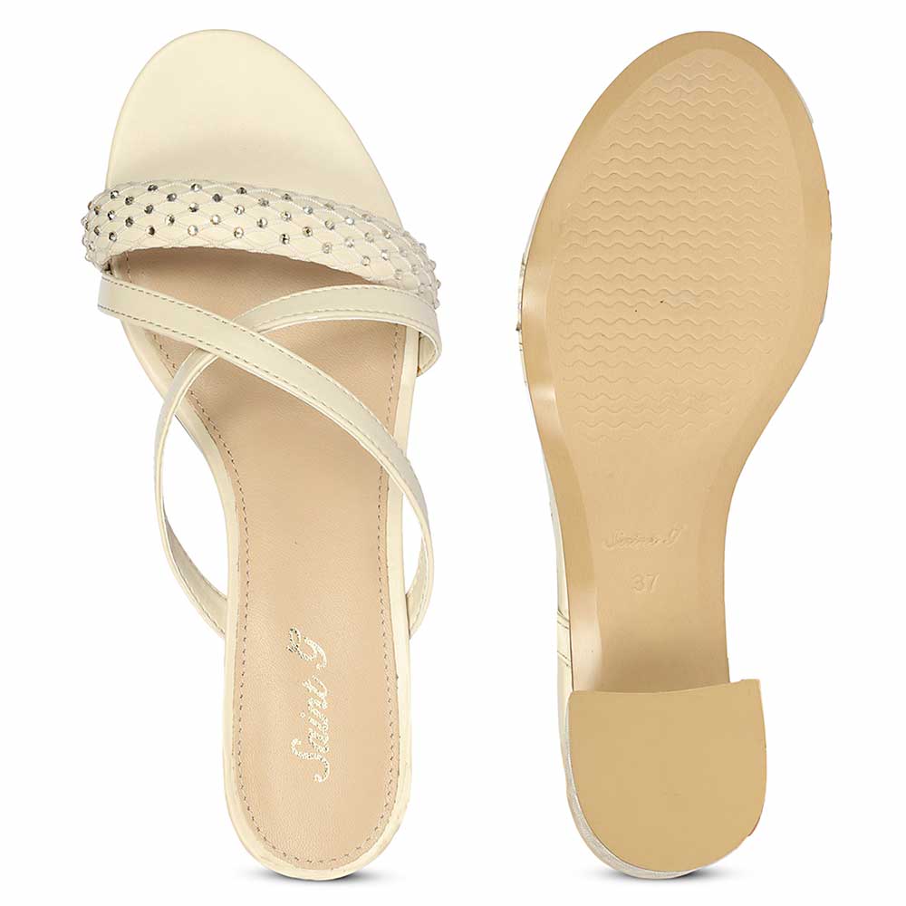 Saint Alessia Embellished Off-White Vegan Leather Block Heels