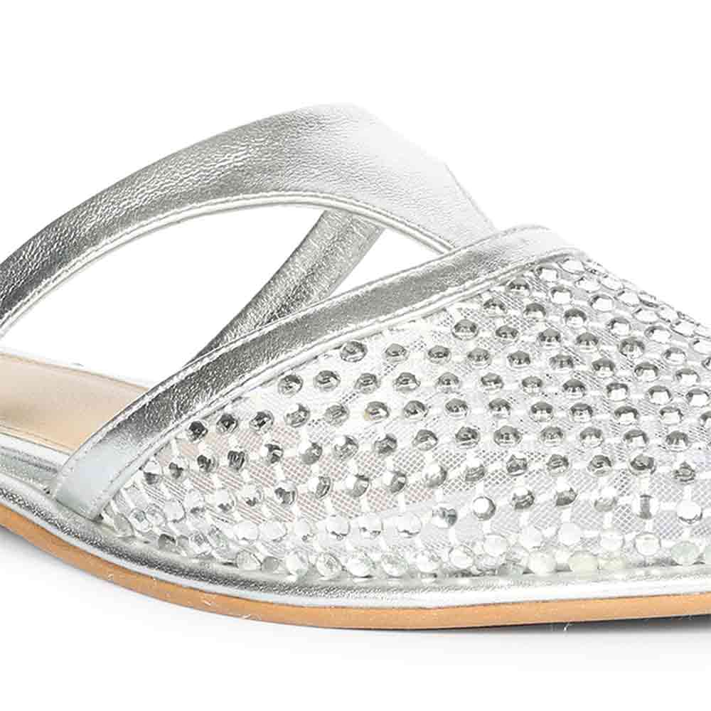 Saint Nerissa Crystal Mesh Silver Leather Mule Flats