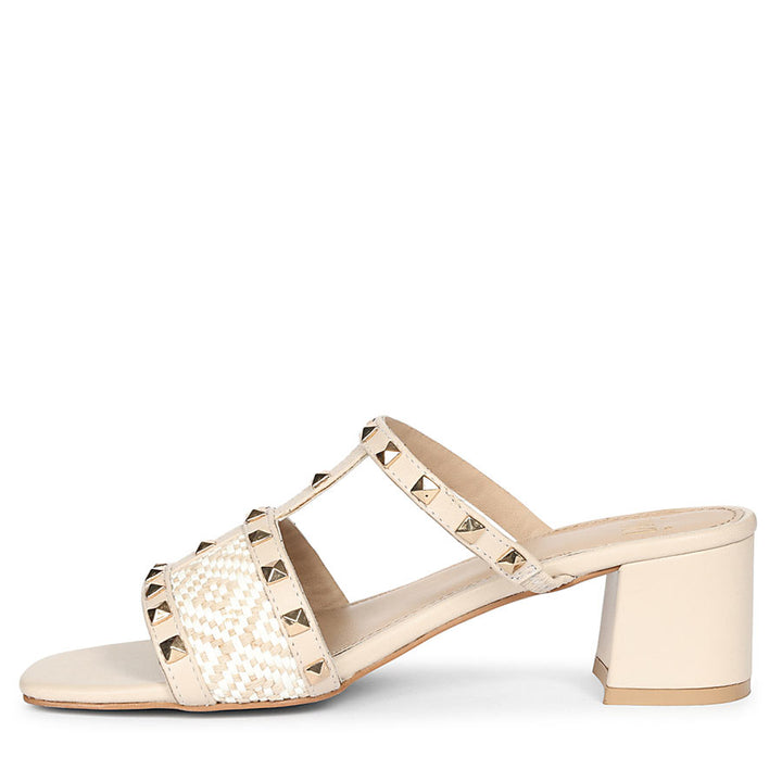 Saint Zafira Pyramid Stud Raffia Beige Leather Block Heels