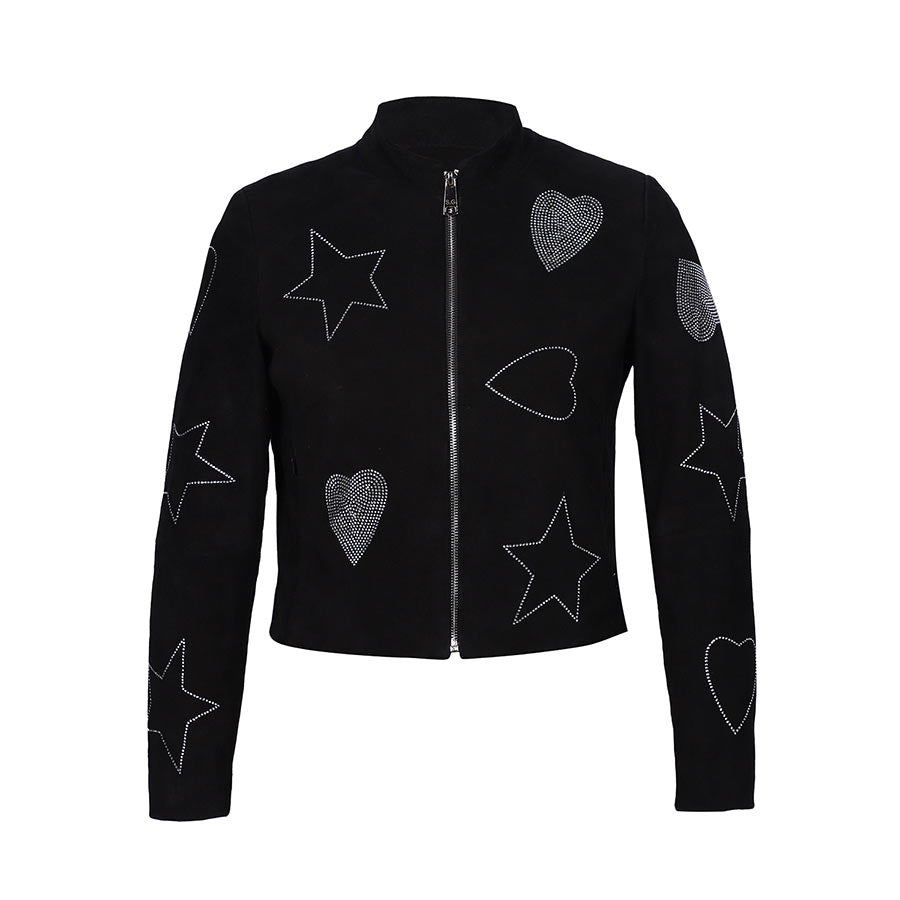Saint Venessa Stone Embossed Black Leather Women Biker Jackets
