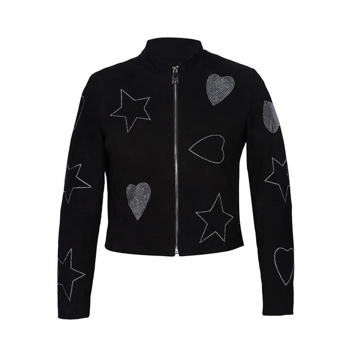 Saint Venessa Stone Embossed Black Leather Women Biker Jackets