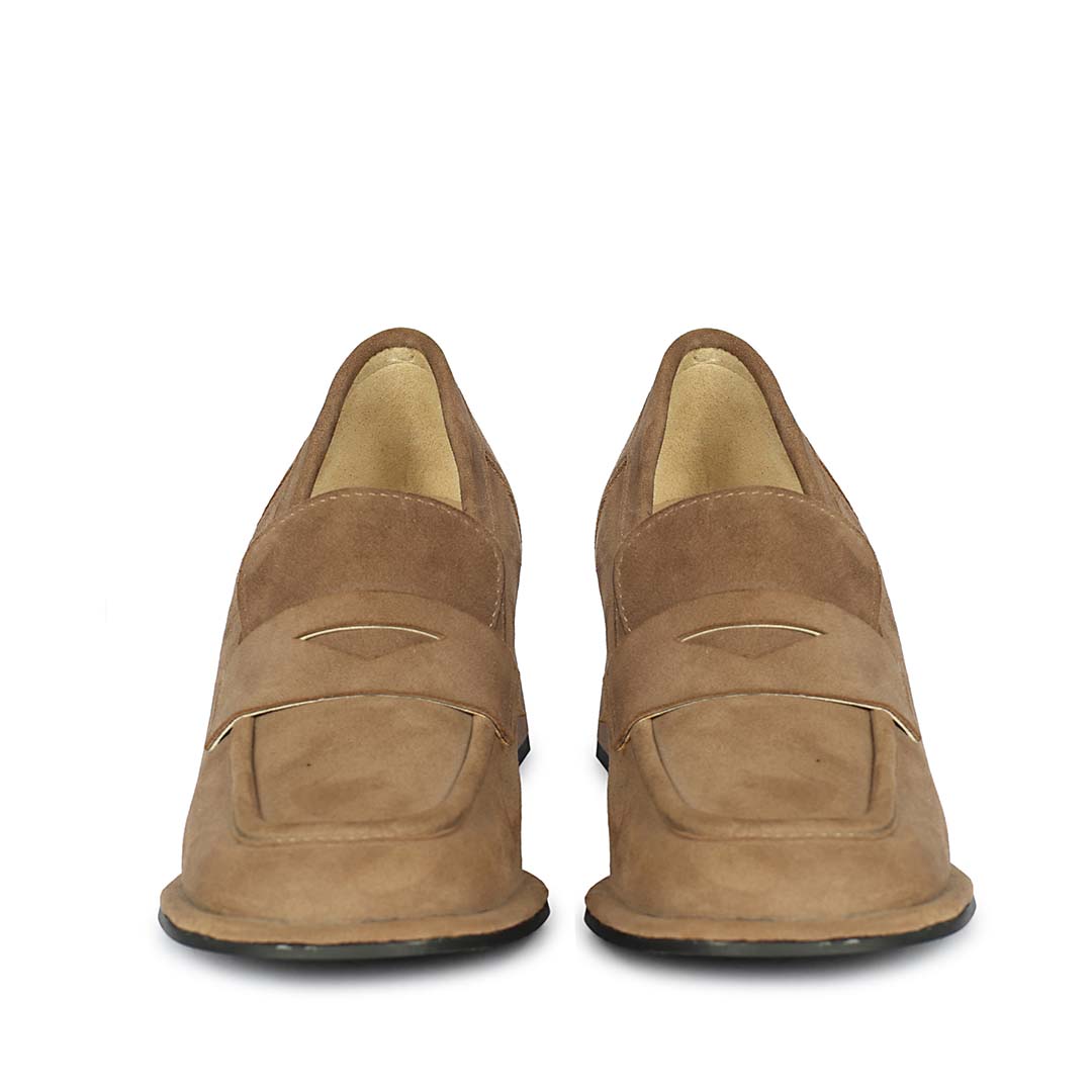 Saint Viviana Dark Taupe Suede Leather Block Heel Moccasins