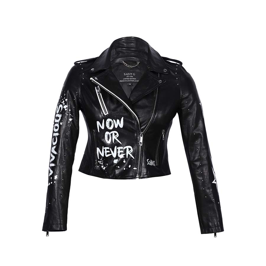 Saint Grecia Black Leather Women Biker Jackets