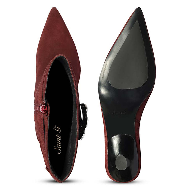 Saint Valeria Crystal Buckle Bordo Suede Leather Long Boots