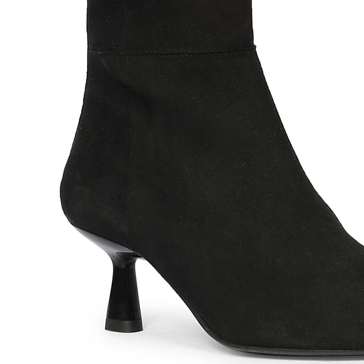 Saint Valeria Crystal Buckle Black Suede Leather Long Boots