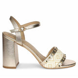 Saint Auric Gold Leather Rafia Stud Block Heels