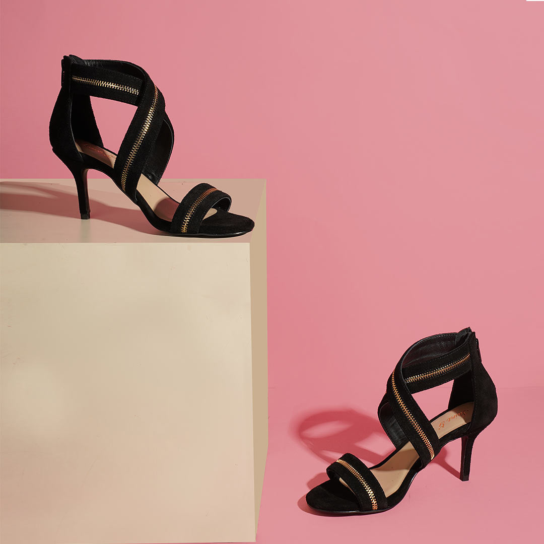 Saint Delilah Zip Decor Criss Cross Black Suede Leather Stilettos