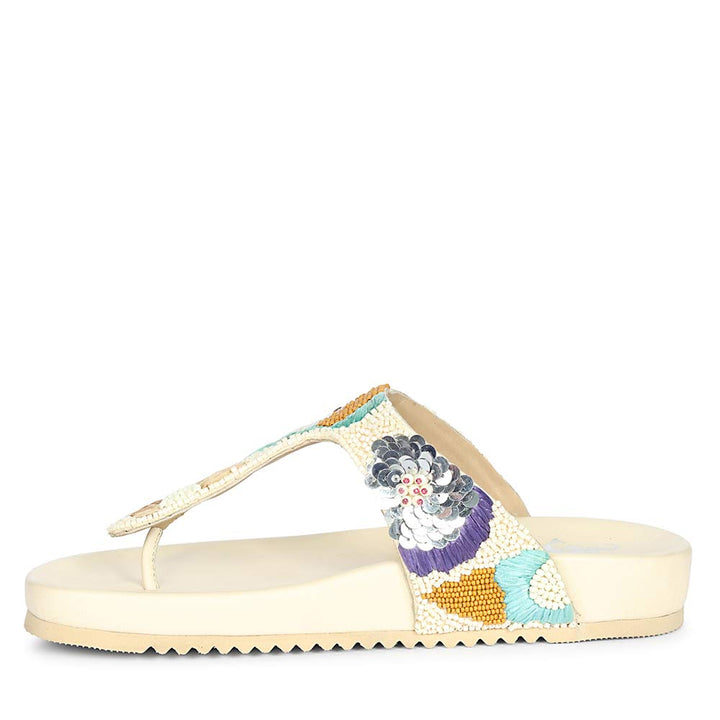 Saint Zaria Embroidered Off-White Leather Thong Footbed