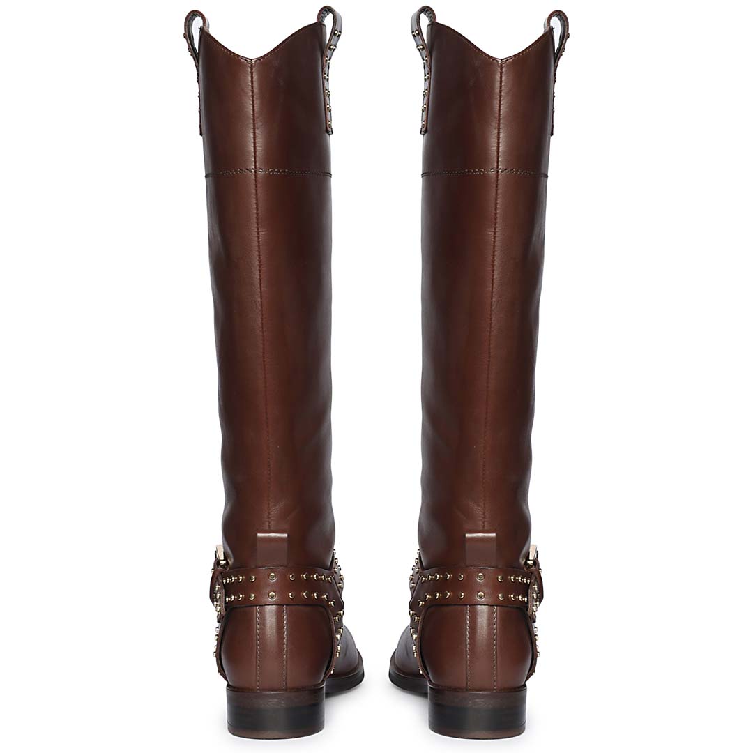 Saint Soraya Studded Buckle Brown Leather Long Boots
