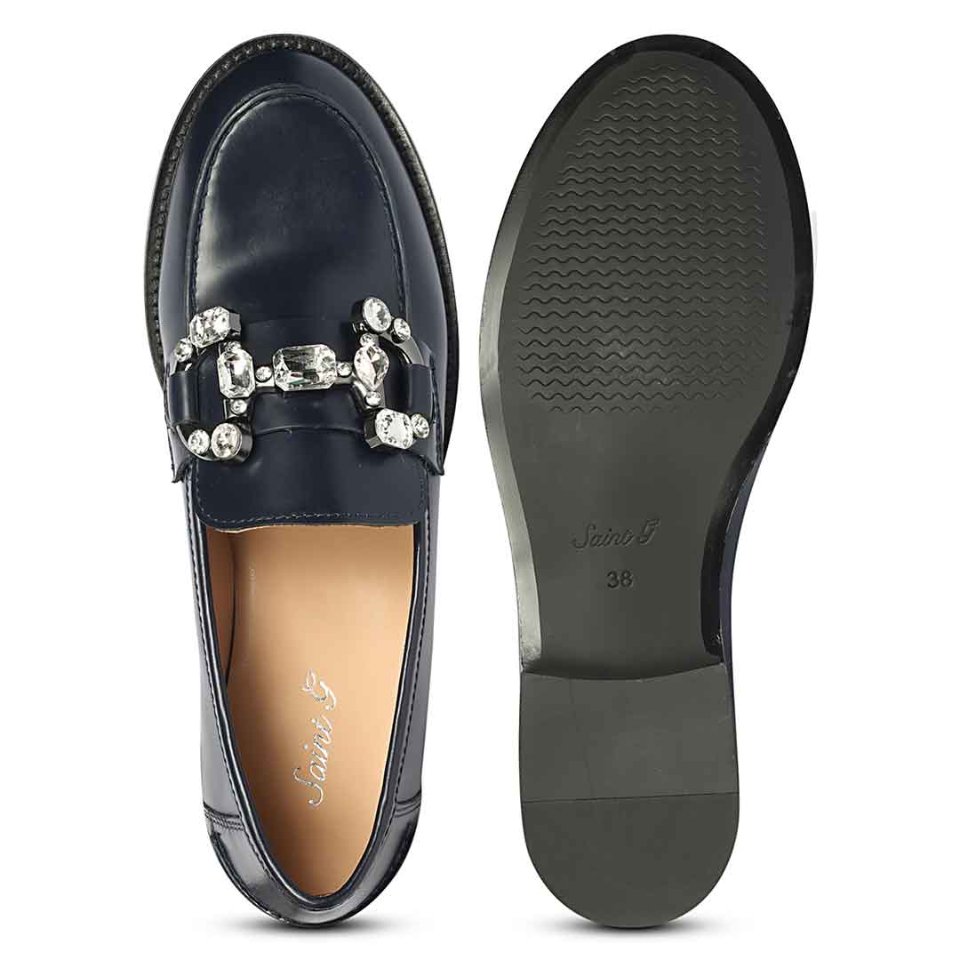 Saint Livia Crystal Horsebit Navy Abrasivato Leather Moccasins