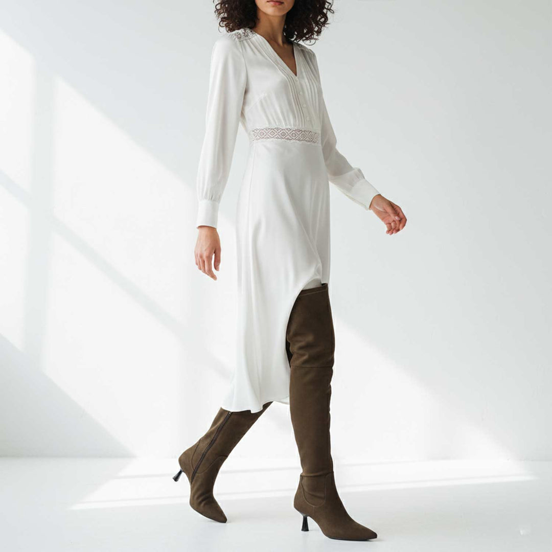 Saint Annelise Olive Stretch Suede Thigh High Boots