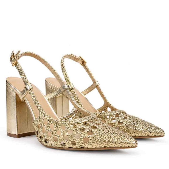 Saint Felicia Gold Woven Leather Block Heels