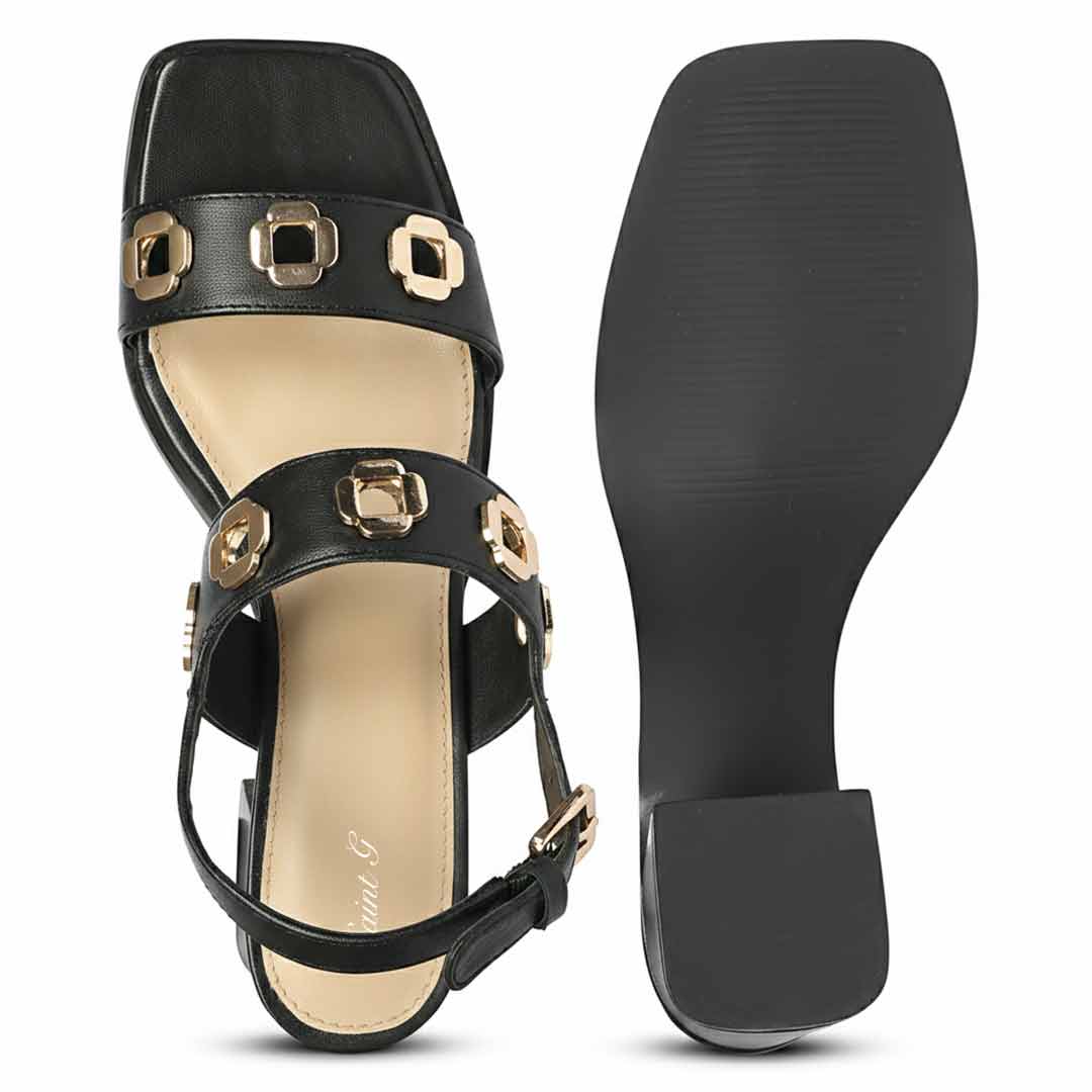 Saint Alviera Gold Flower Eyelets Leather Block Heels