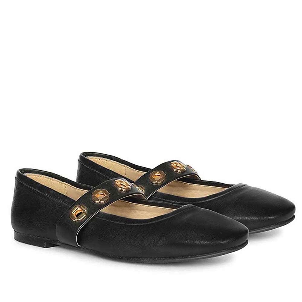 Saint Olwen Flower Eyelets Black Leather Ballet Flats