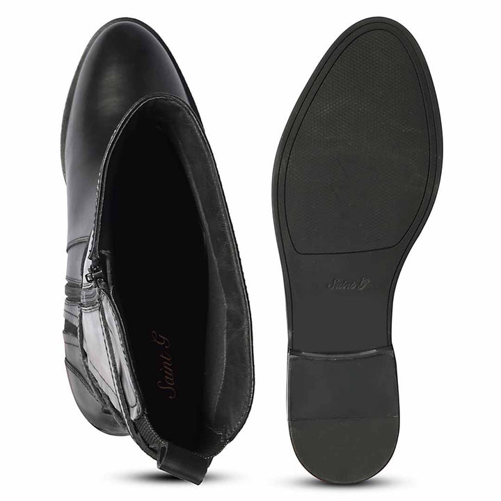 Saint Darla Dual Gold Buckle Accents Black Leather Long Boots