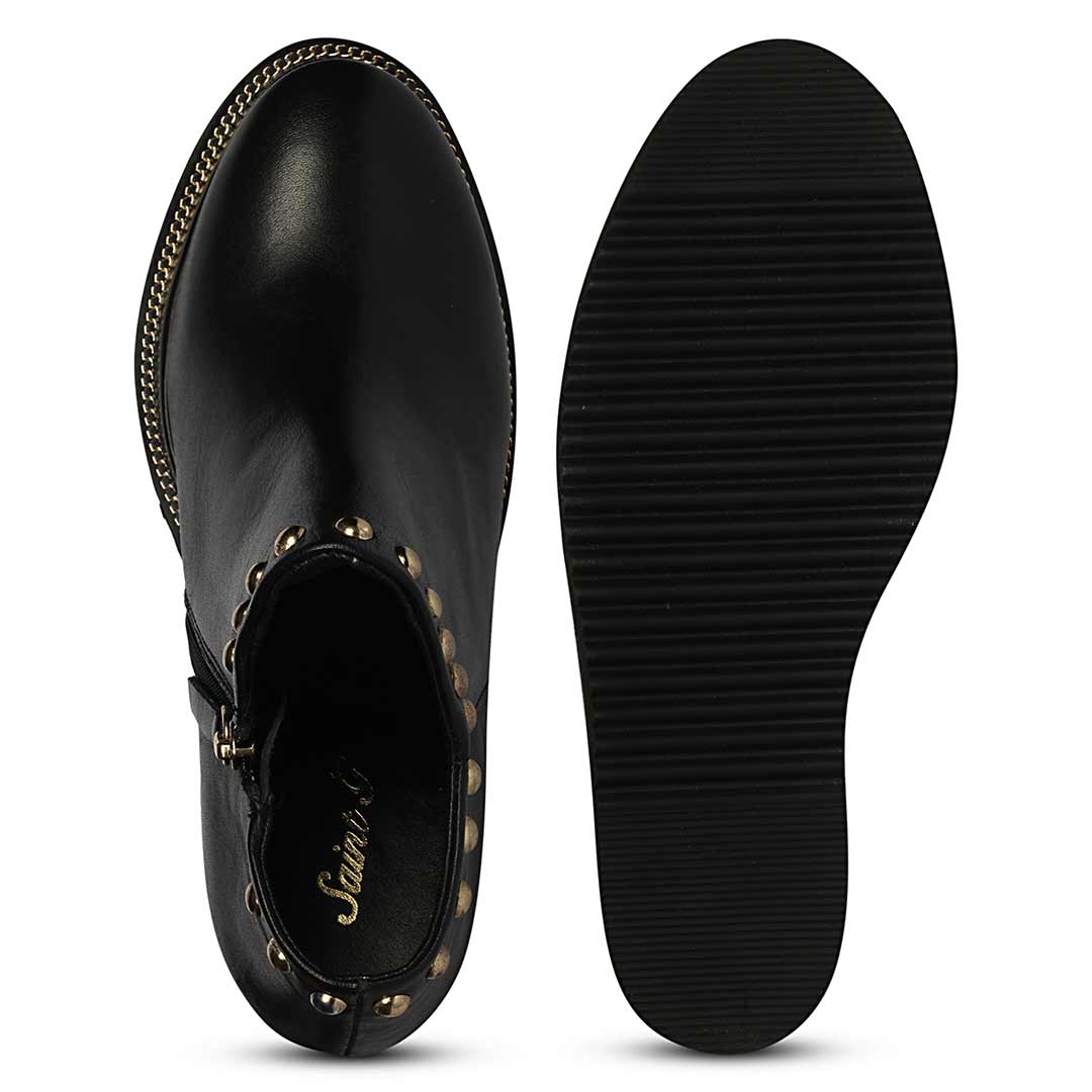 Saint Meliora Metal Studs Black Leather Wedge Heel Boots