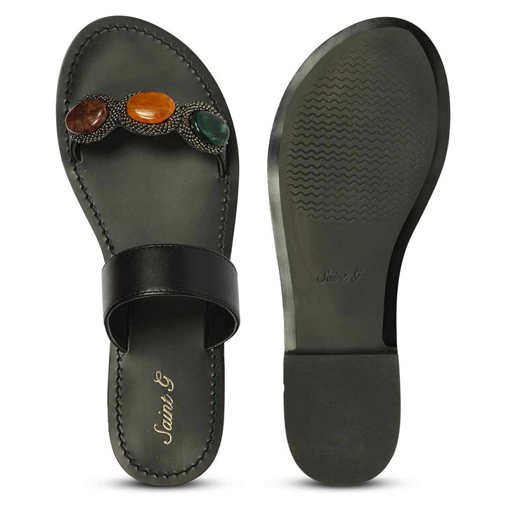 Saint Eva Multi Stone Adorned Black Leather Flats