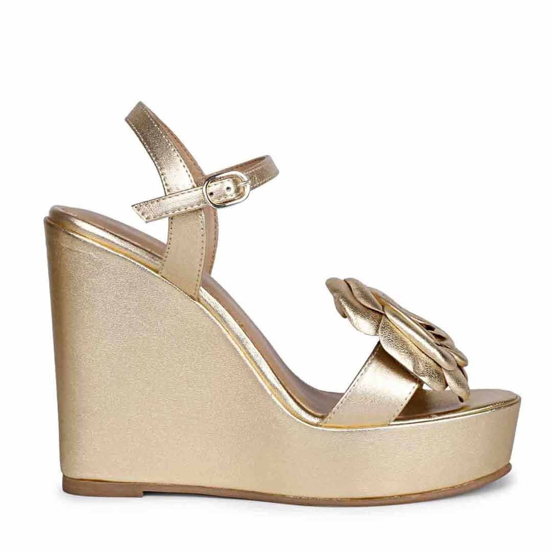 Saint Vanessa Gold Metallic Leather Floral Wedge Heels