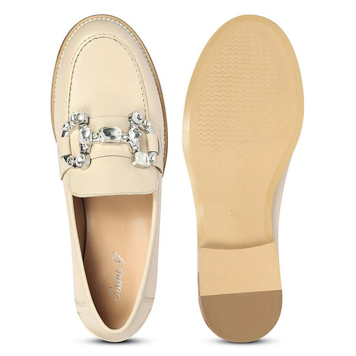 Saint Livia Crystal Buckle Beige Leather Moccasins