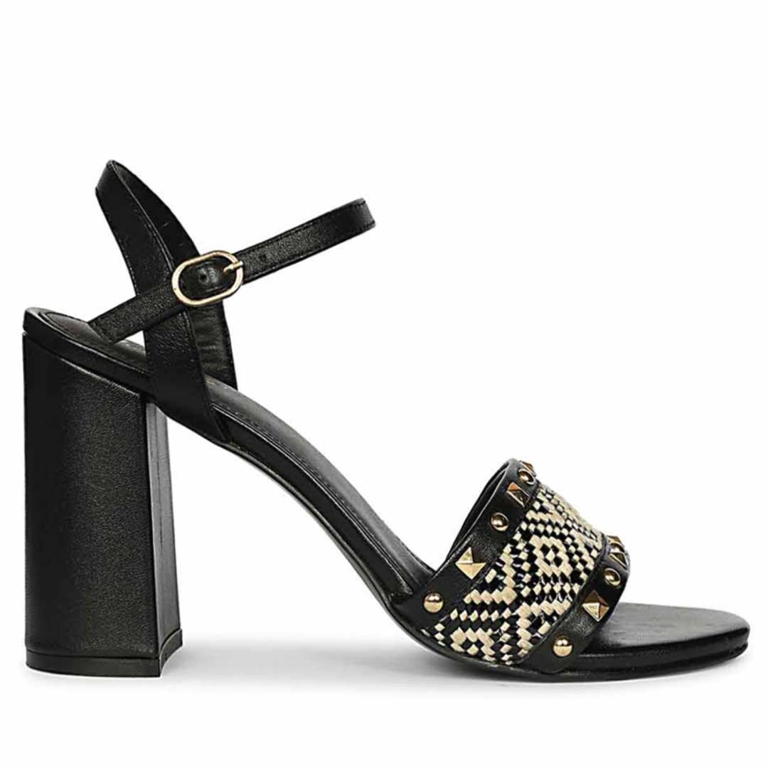 Saint Auric Black Leather Rafia Stud Block Heels