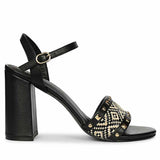 Saint Auric Black Leather Rafia Stud Block Heels
