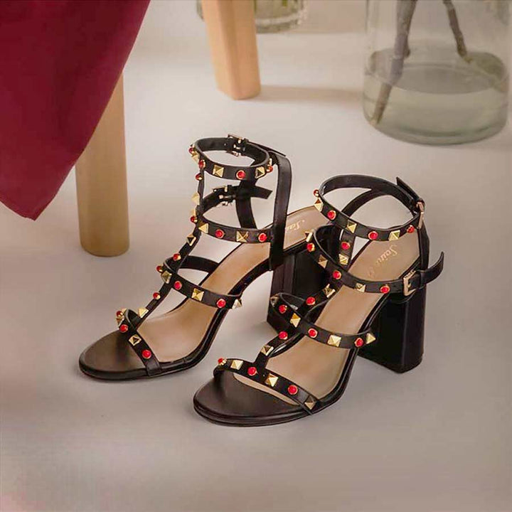 Saint Lorien Black Leather Studded Block Heels