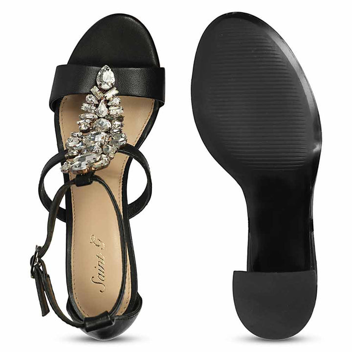 Saint Colleen Silver Stone Metallic Black Leather Block Heels